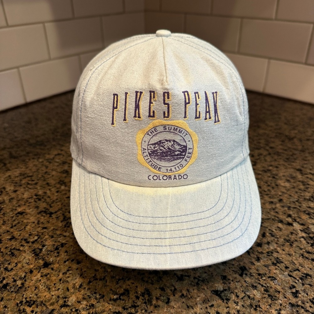 Vtg Prairie Mountain Pikes Peak Colorado Hat Blue Denim Snapback